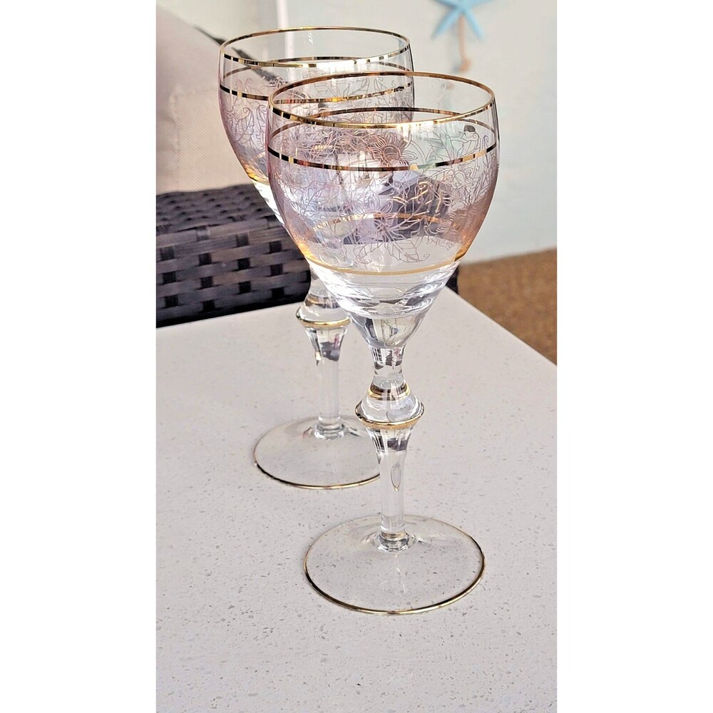 Vintage Crystal Wine Glasses Gold Etched & Banded Stemware Set/2 - Picture 3 of 13